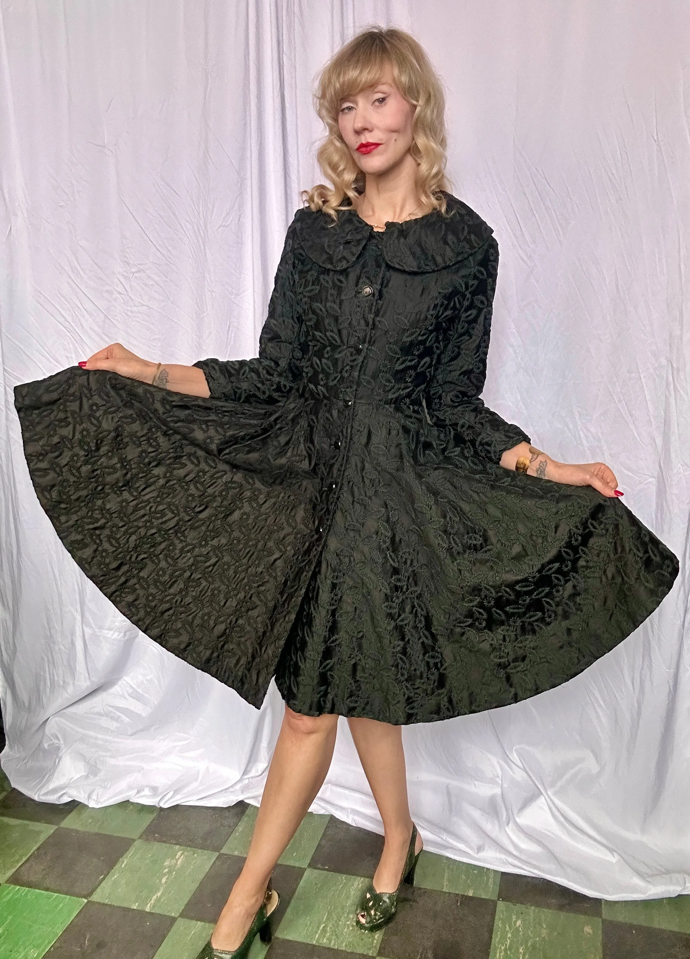 1950s Embroidered Silk and Rayon Princess Coat - Small