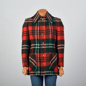 1970s Mens Wool Coat in Red and Green Plaid