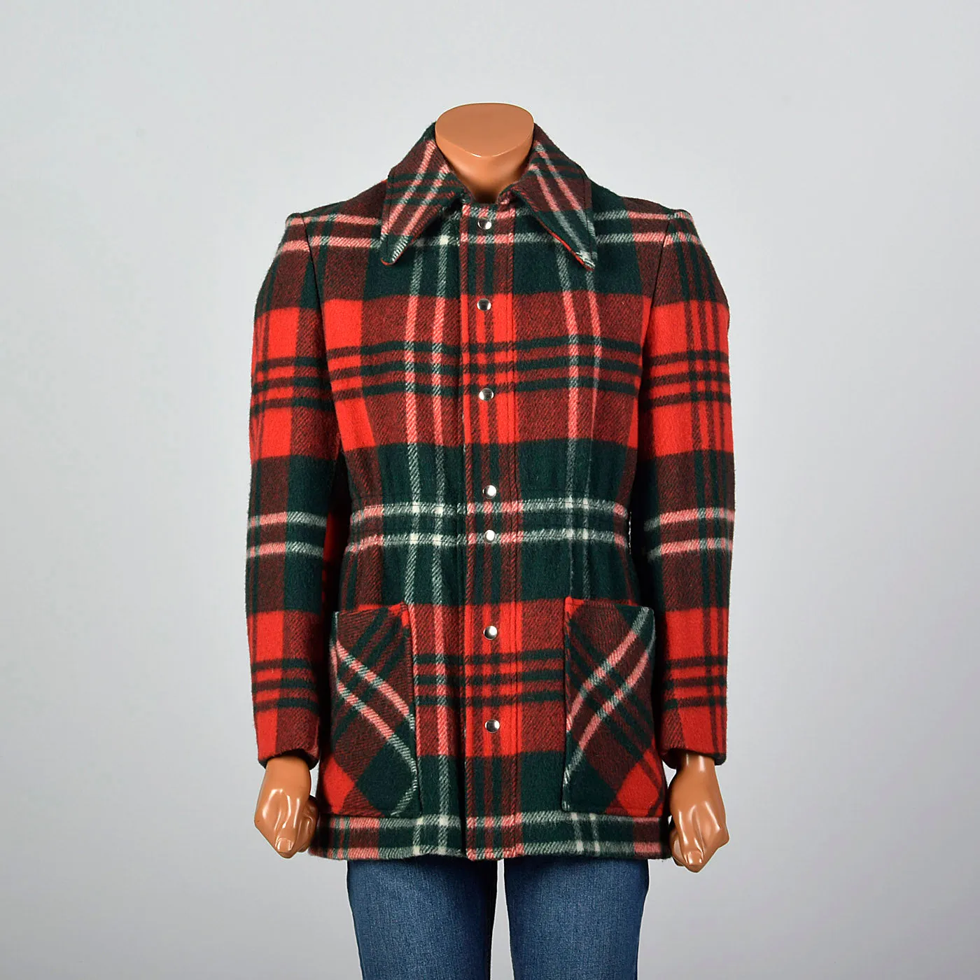 1970s Mens Wool Coat in Red and Green Plaid
