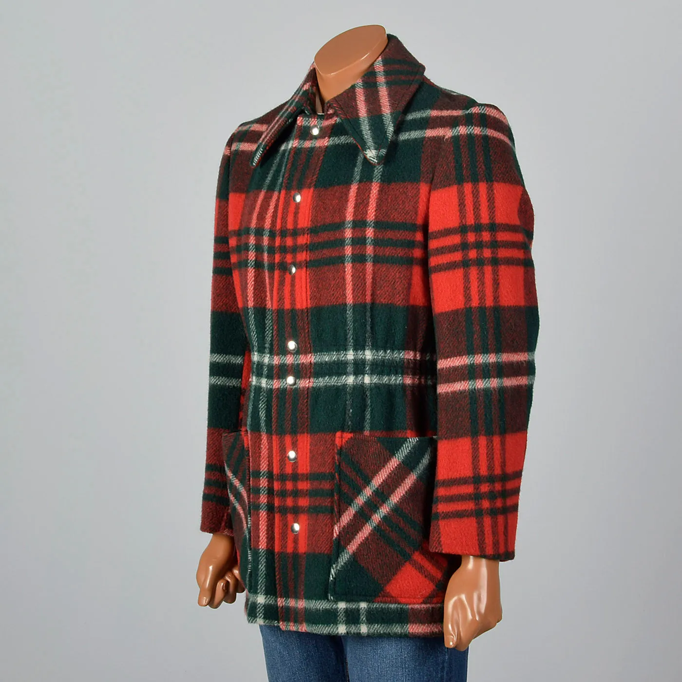1970s Mens Wool Coat in Red and Green Plaid