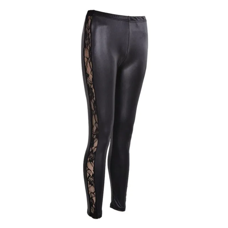 1pc black Sexy Splicing Lace Faux Leather Slim Fit Leggings Skinny Stretch Pants