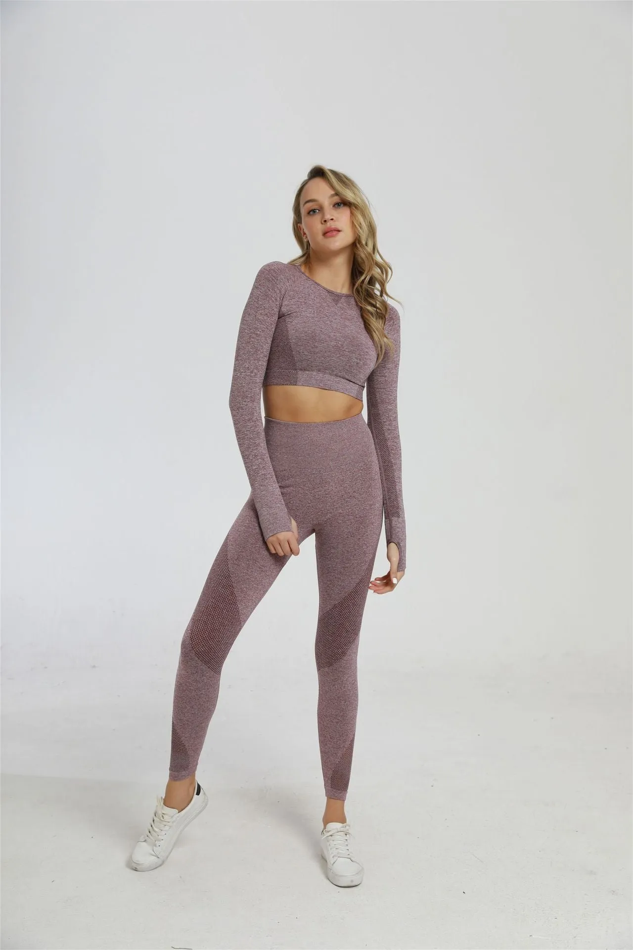 2 Piece Sports Yoga Sets Gym Fitness Athletic Pants Leggings Sportswear Seamless Long Sleep Top Set