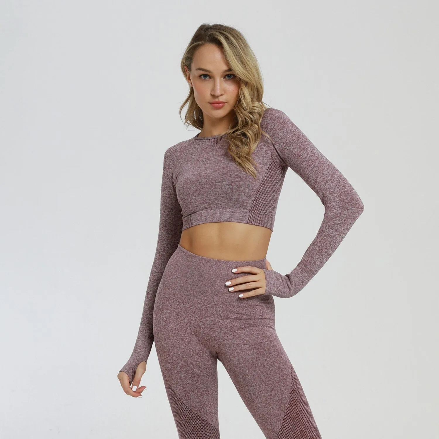 2 Piece Sports Yoga Sets Gym Fitness Athletic Pants Leggings Sportswear Seamless Long Sleep Top Set