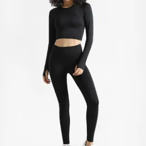 2 Piece Sports Yoga Sets Gym Fitness Athletic Pants Leggings Sportswear Seamless Long Sleep Top Set
