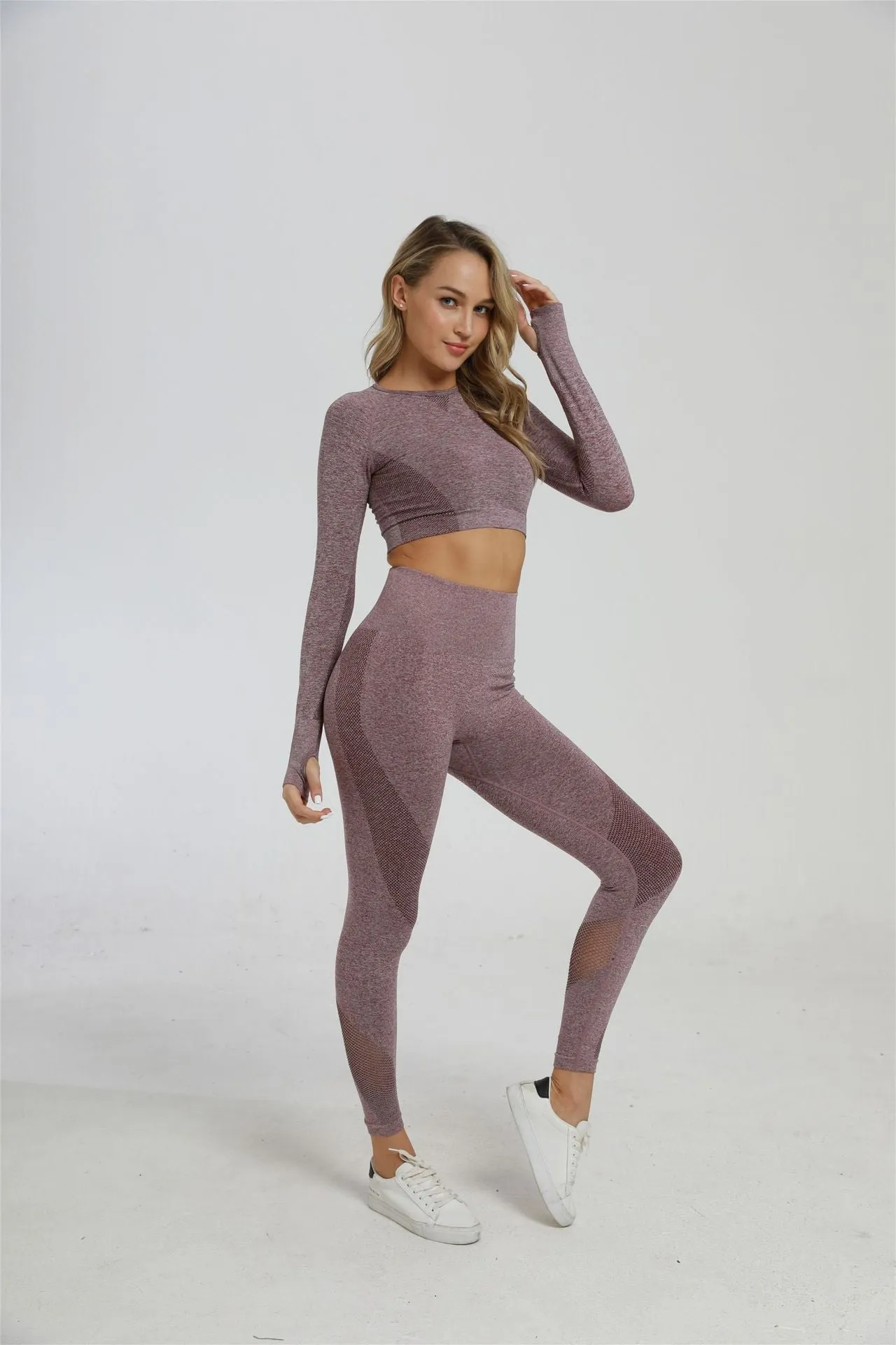 2 Piece Sports Yoga Sets Gym Fitness Athletic Pants Leggings Sportswear Seamless Long Sleep Top Set