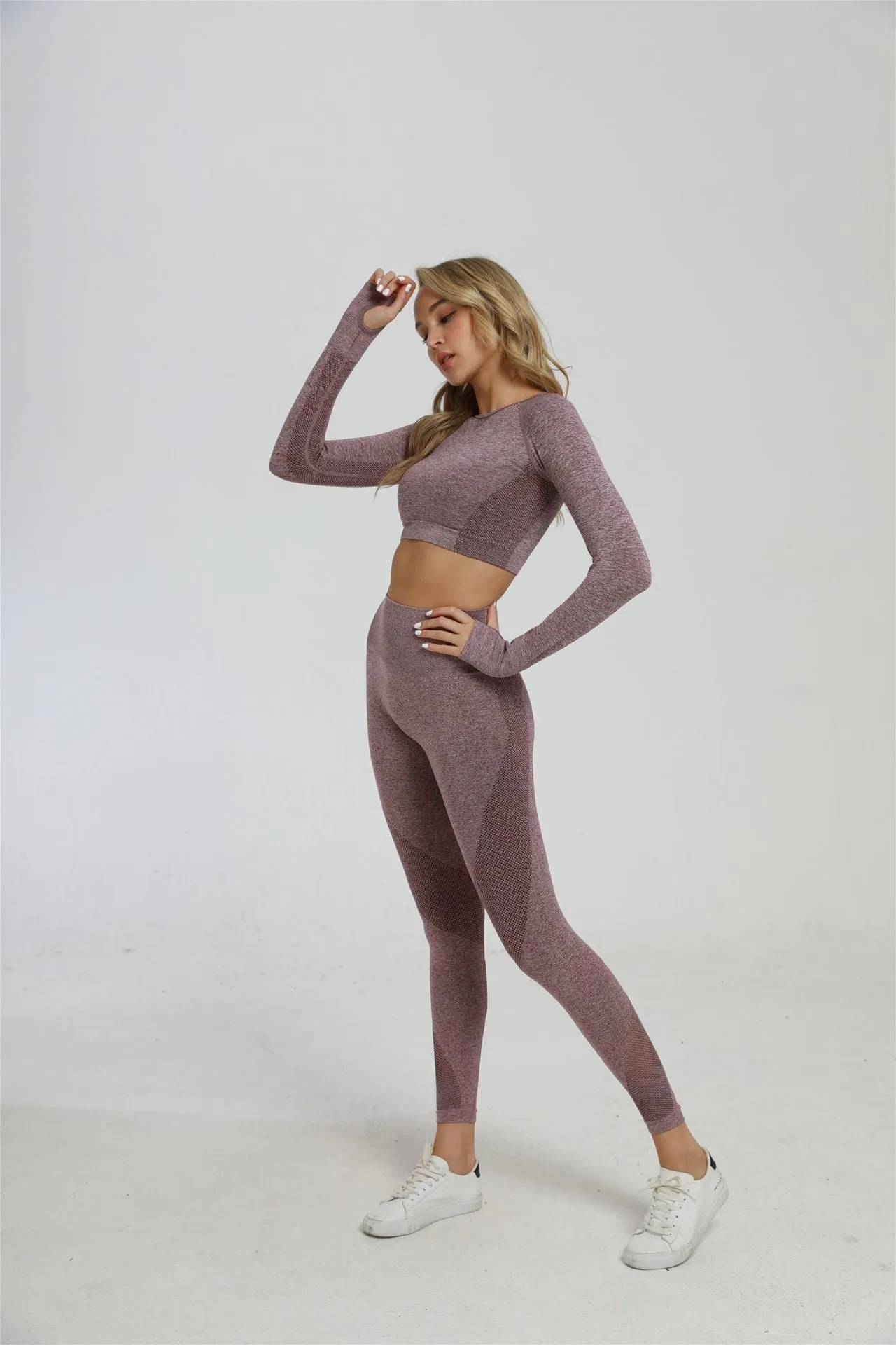 2 Piece Sports Yoga Sets Gym Fitness Athletic Pants Leggings Sportswear Seamless Long Sleep Top Set