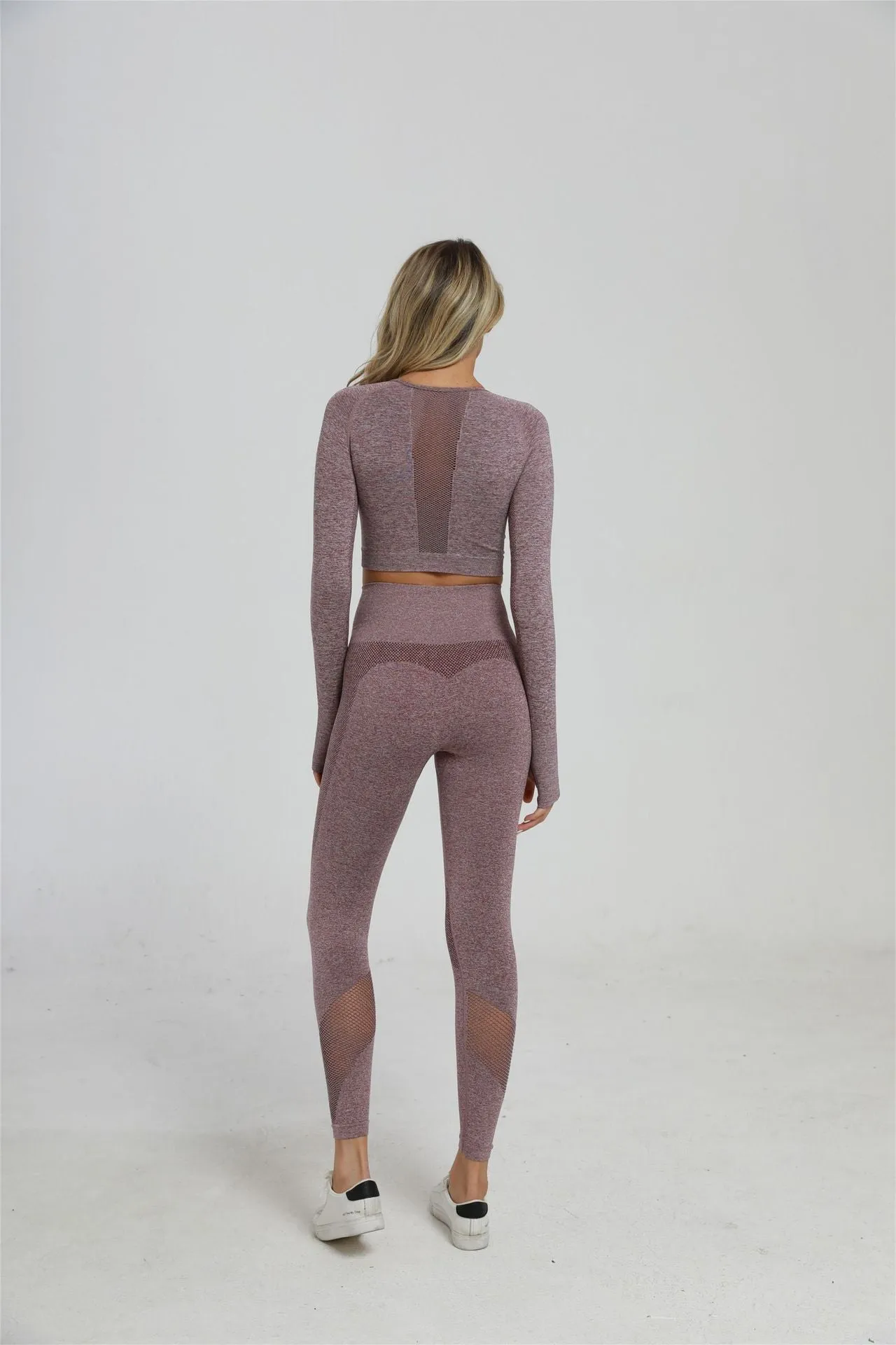 2 Piece Sports Yoga Sets Gym Fitness Athletic Pants Leggings Sportswear Seamless Long Sleep Top Set