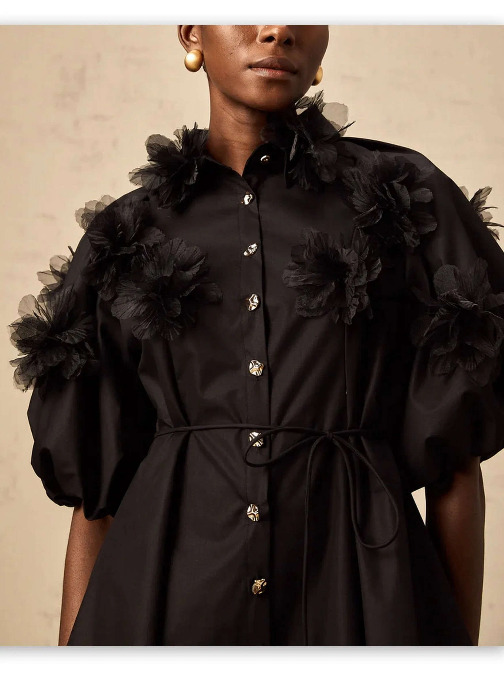 3D-Petal Belted Mini Shirt Dress in Black