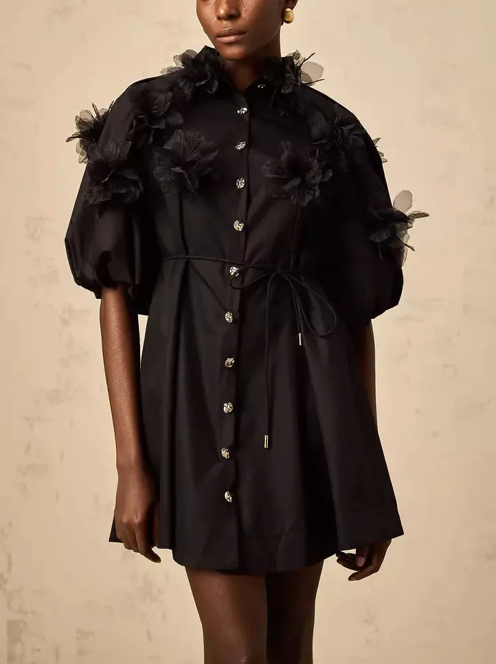 3D-Petal Belted Mini Shirt Dress in Black