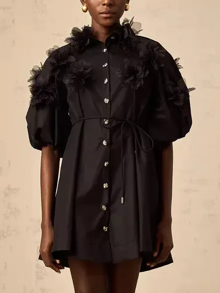 3D-Petal Belted Mini Shirt Dress in Black