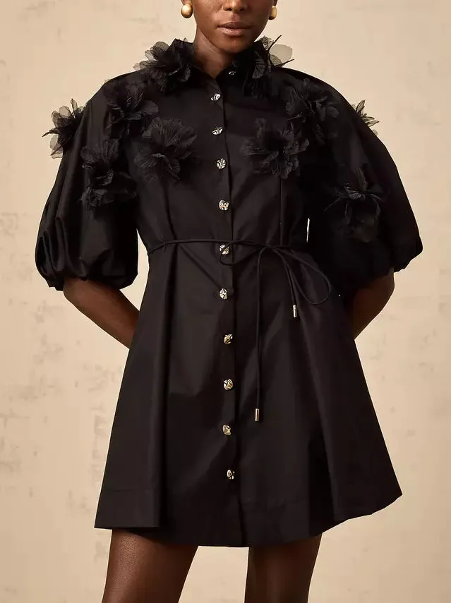3D-Petal Belted Mini Shirt Dress in Black