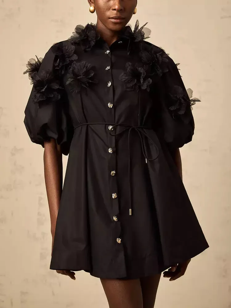 3D-Petal Belted Mini Shirt Dress in Black