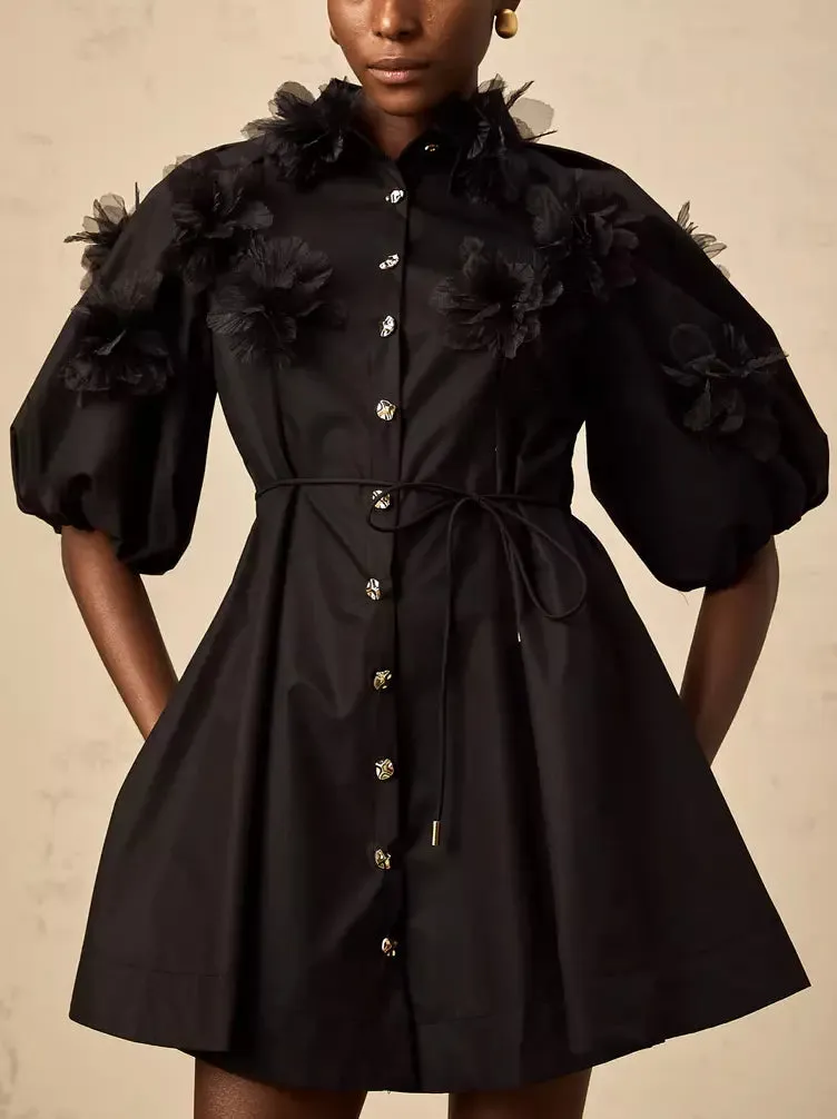 3D-Petal Belted Mini Shirt Dress in Black