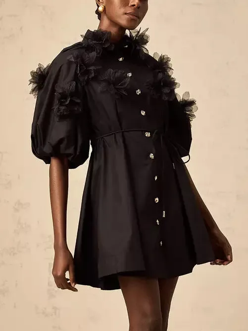 3D-Petal Belted Mini Shirt Dress in Black