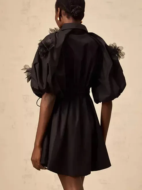 3D-Petal Belted Mini Shirt Dress in Black