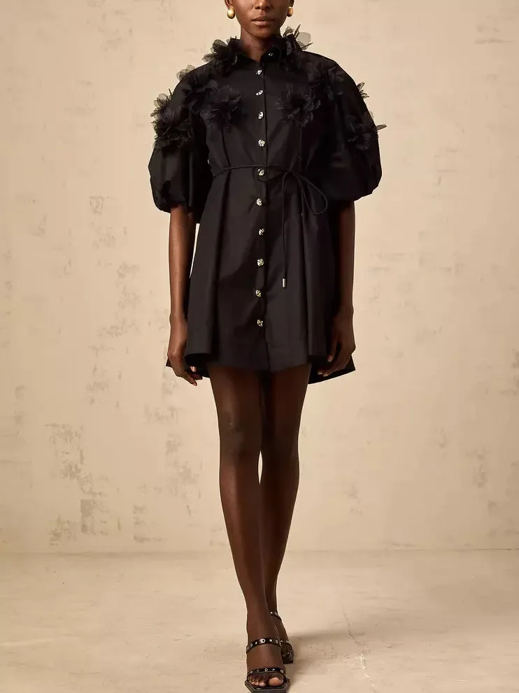 3D-Petal Belted Mini Shirt Dress in Black