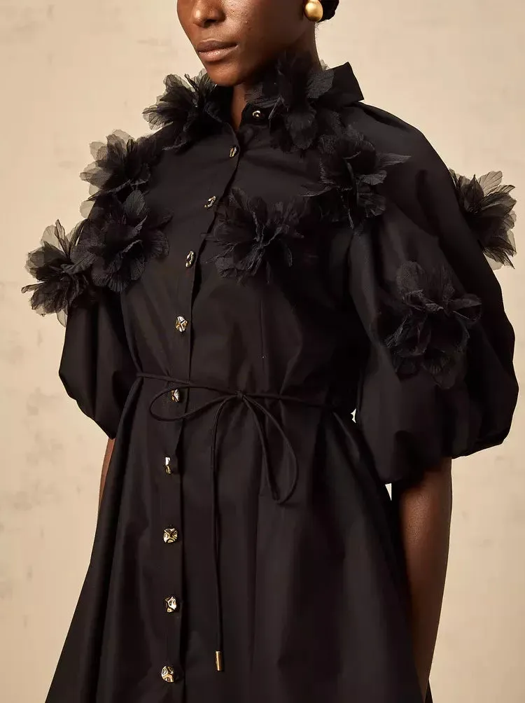 3D-Petal Belted Mini Shirt Dress in Black