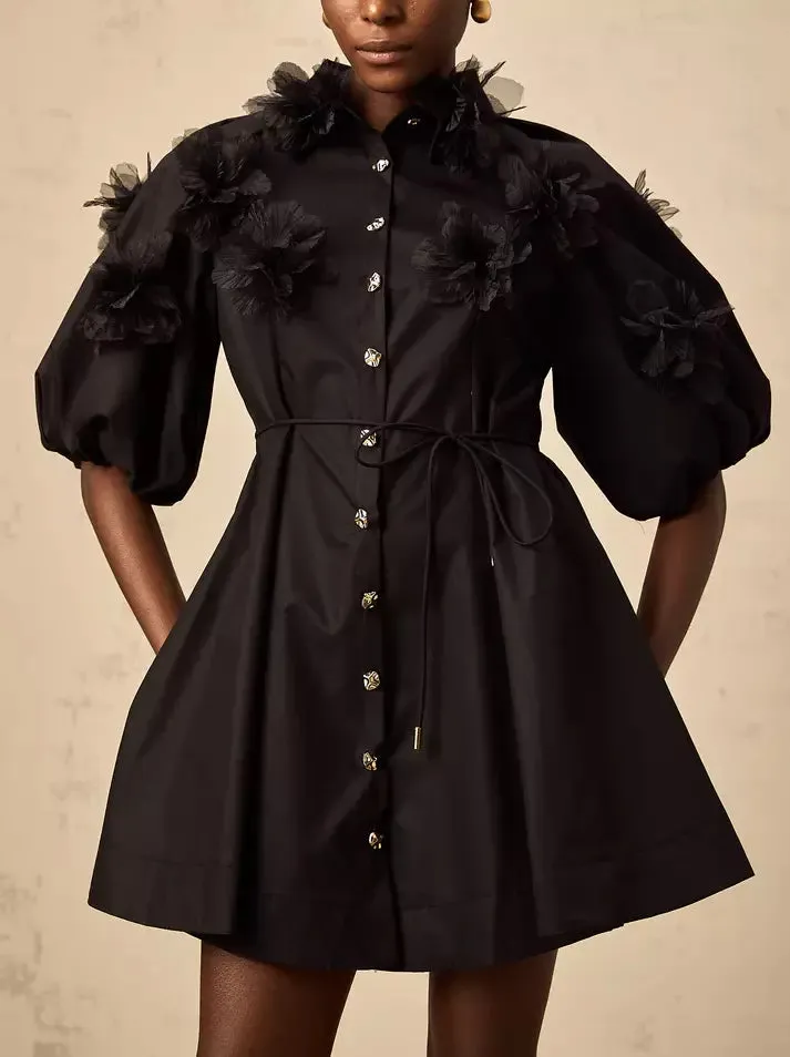 3D-Petal Belted Mini Shirt Dress in Black