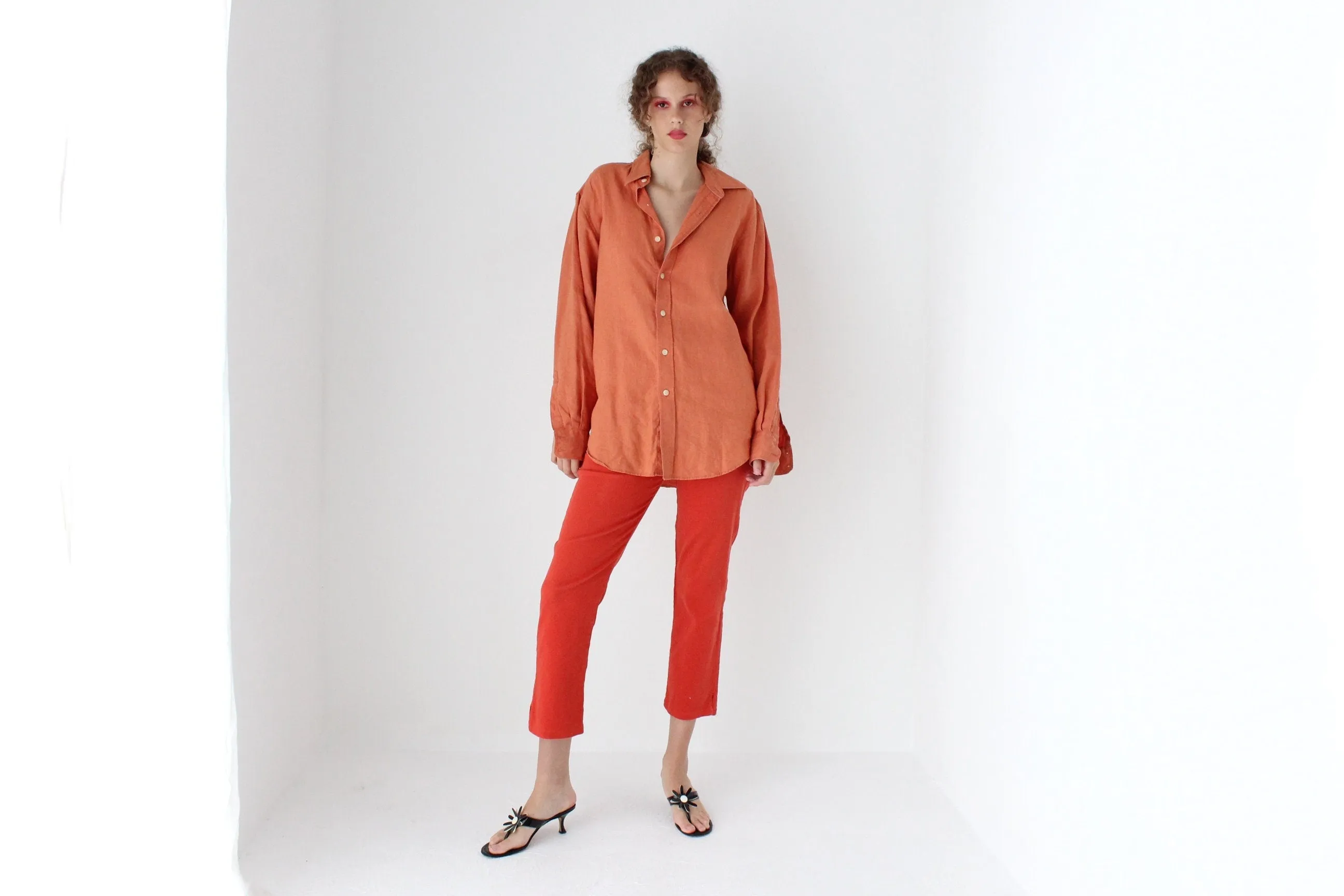 90s Slouchy Orange Linen Relaxed Shirt Dress