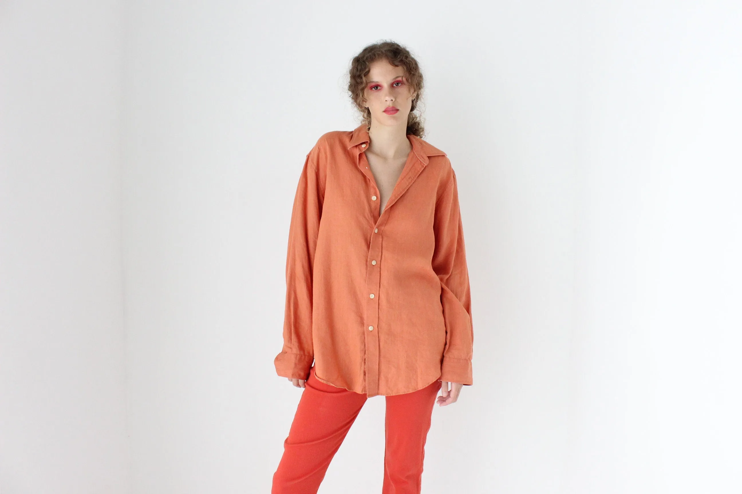 90s Slouchy Orange Linen Relaxed Shirt Dress
