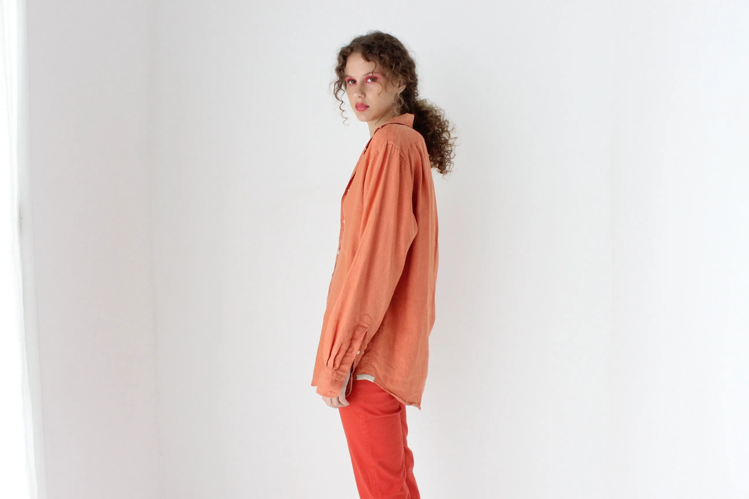 90s Slouchy Orange Linen Relaxed Shirt Dress