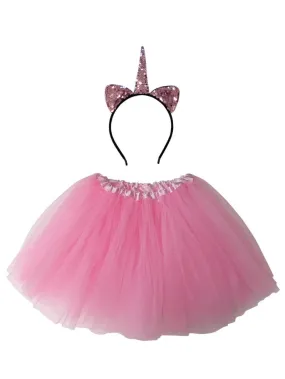 Adult Pink Unicorn Costume - Tutu Skirt & Flip Sequin Headband Horn Set for Adult or Plus Size