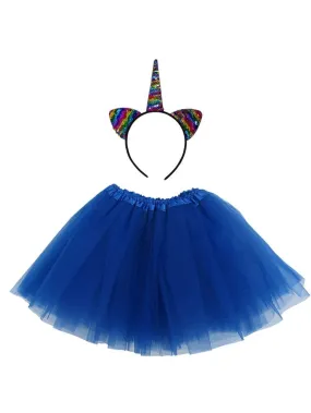 Adult Rainbow Royal Blue Unicorn Costume - Tutu Skirt & Flip Sequin Headband Horn Set for Adult or Plus Size