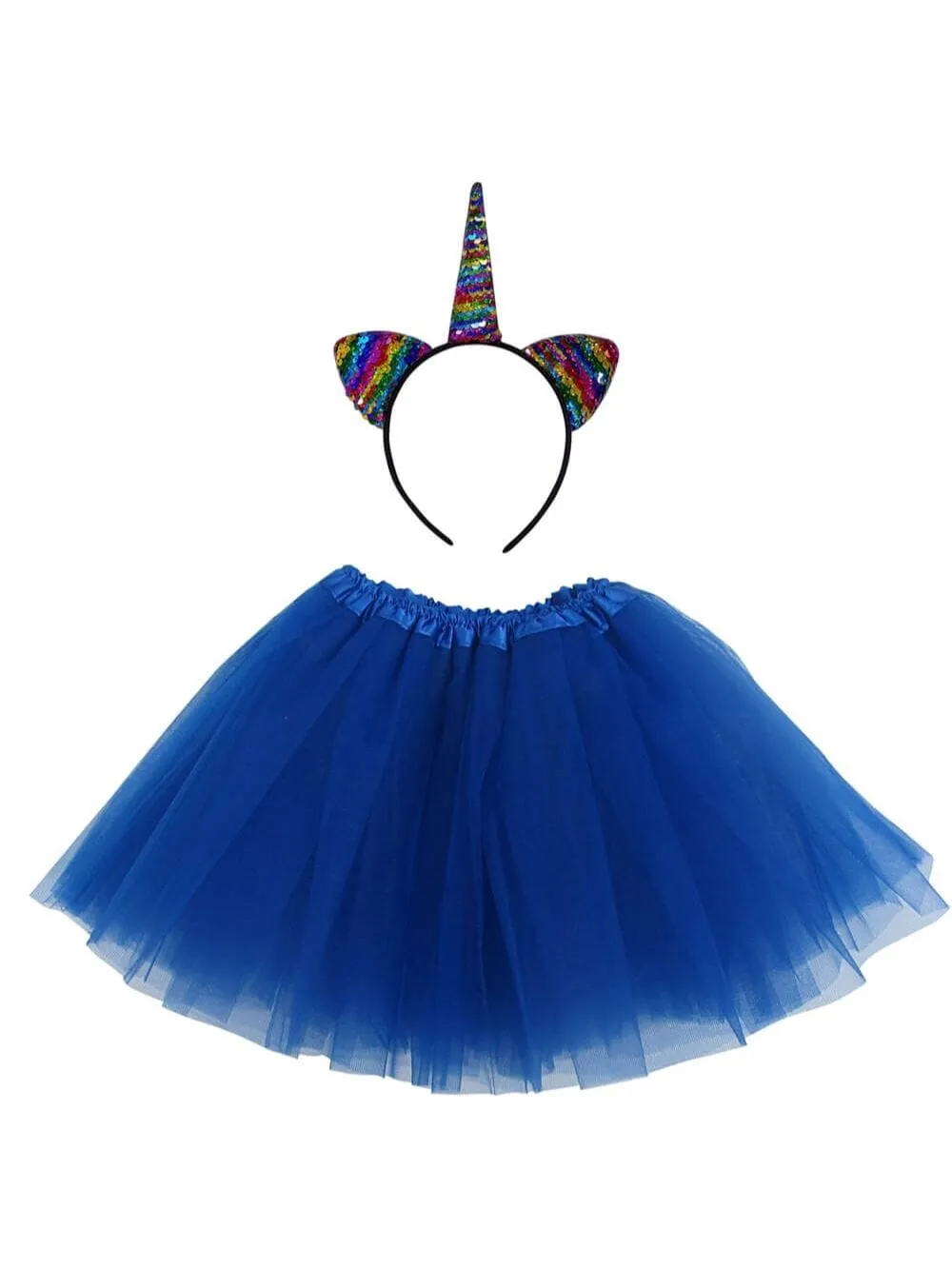 Adult Rainbow Royal Blue Unicorn Costume - Tutu Skirt & Flip Sequin Headband Horn Set for Adult or Plus Size