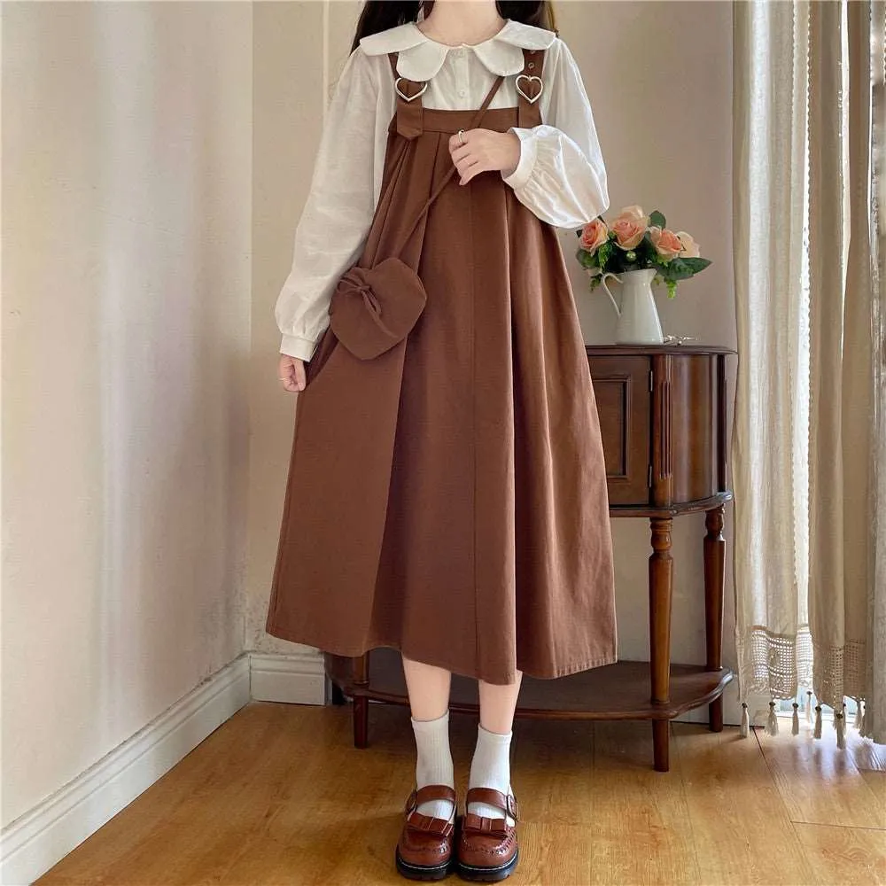Autumn Mori Girl Heart Navy Blue Black Brown Green Dress Suspender Skirt & White Shirt Blouse Two Piece Set