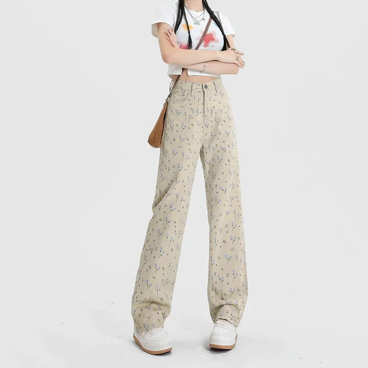 Beige Floral Corduroy Pants
