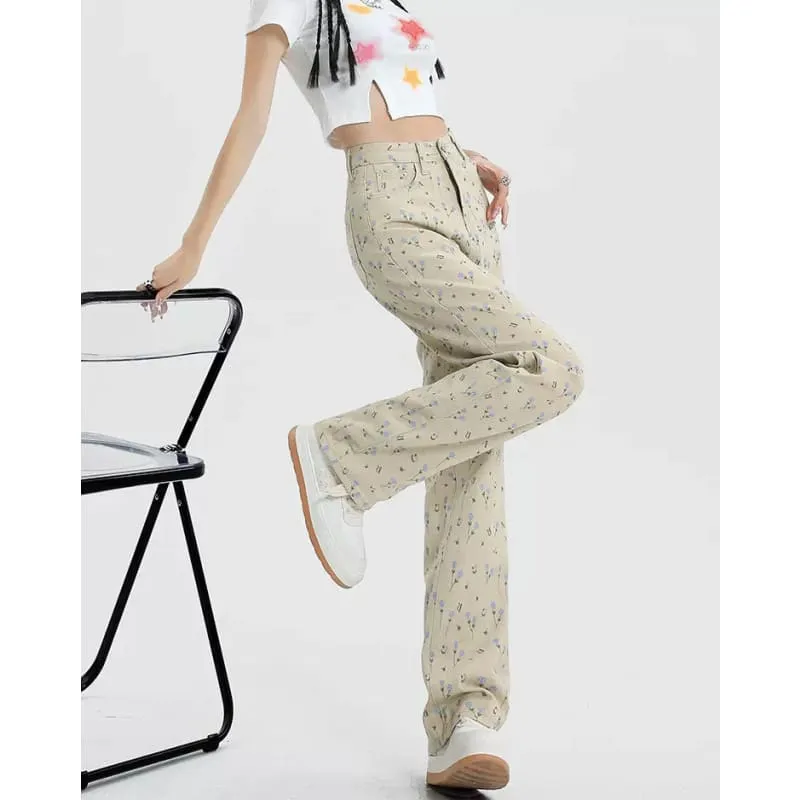 Beige Floral Corduroy Pants