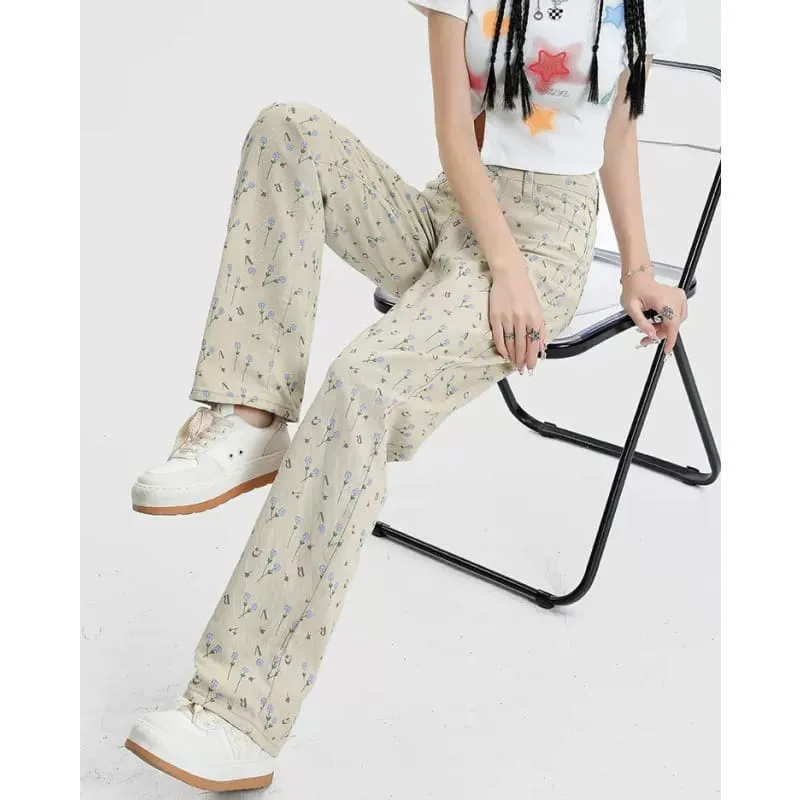 Beige Floral Corduroy Pants