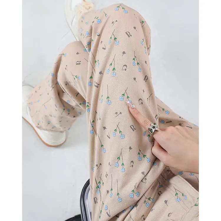 Beige Floral Corduroy Pants