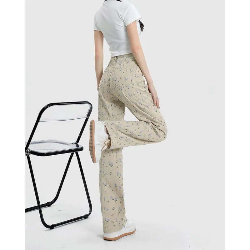 Beige Floral Corduroy Pants