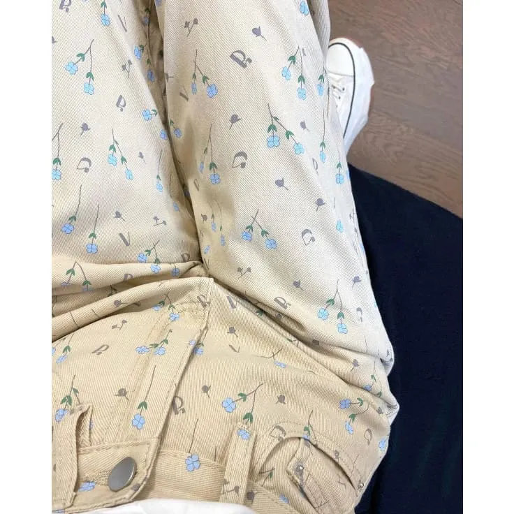 Beige Floral Corduroy Pants