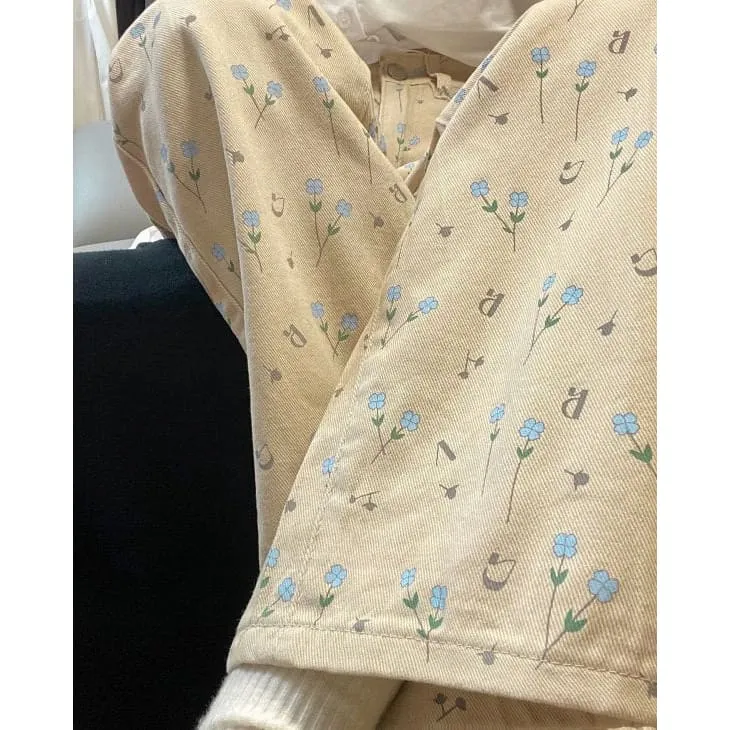 Beige Floral Corduroy Pants
