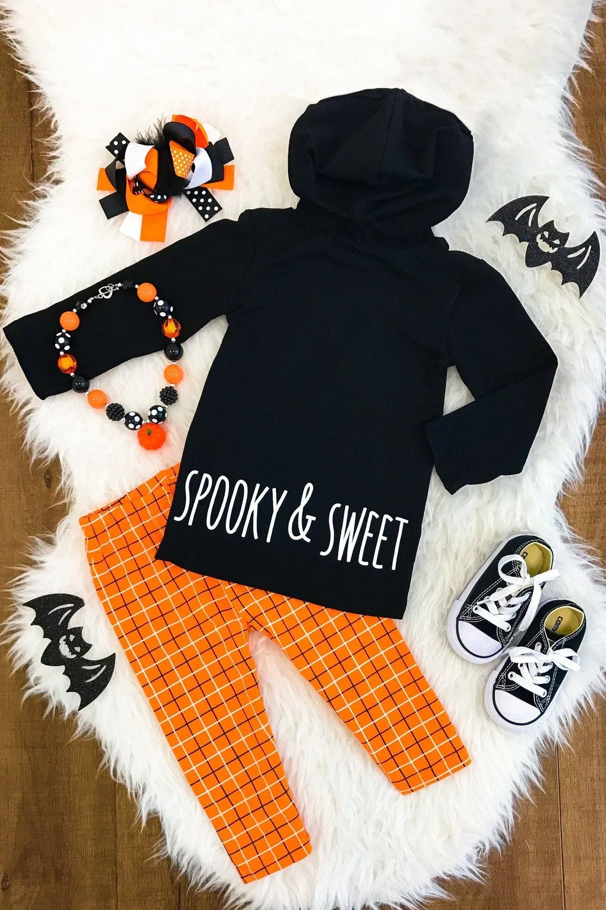 Black Cat Orange Plaid Hoodie Set
