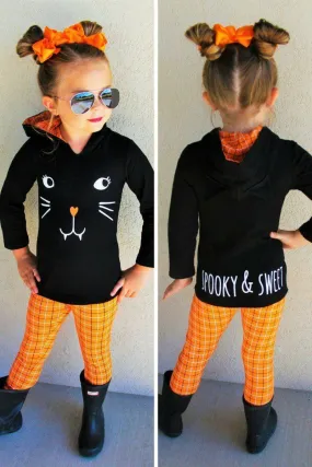 Black Cat Orange Plaid Hoodie Set