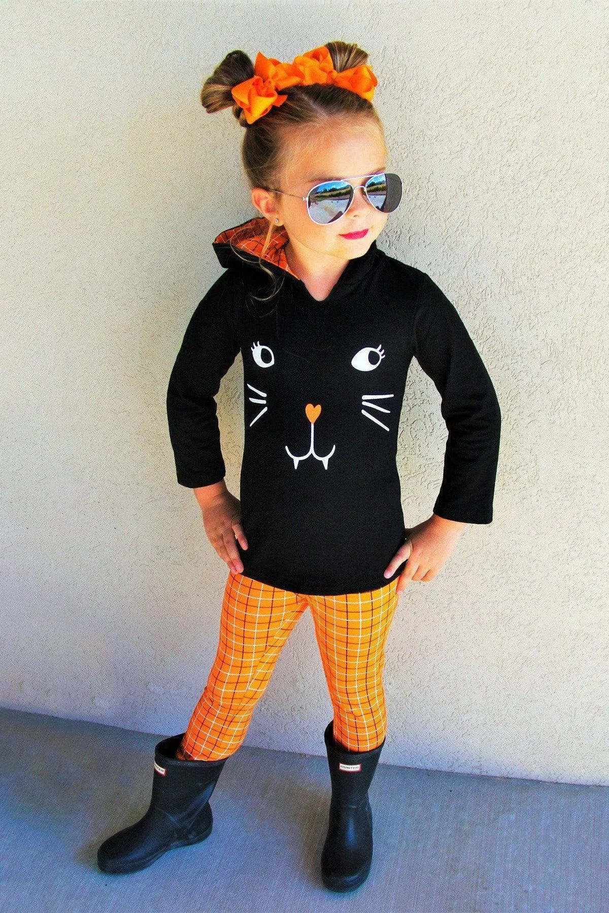 Black Cat Orange Plaid Hoodie Set