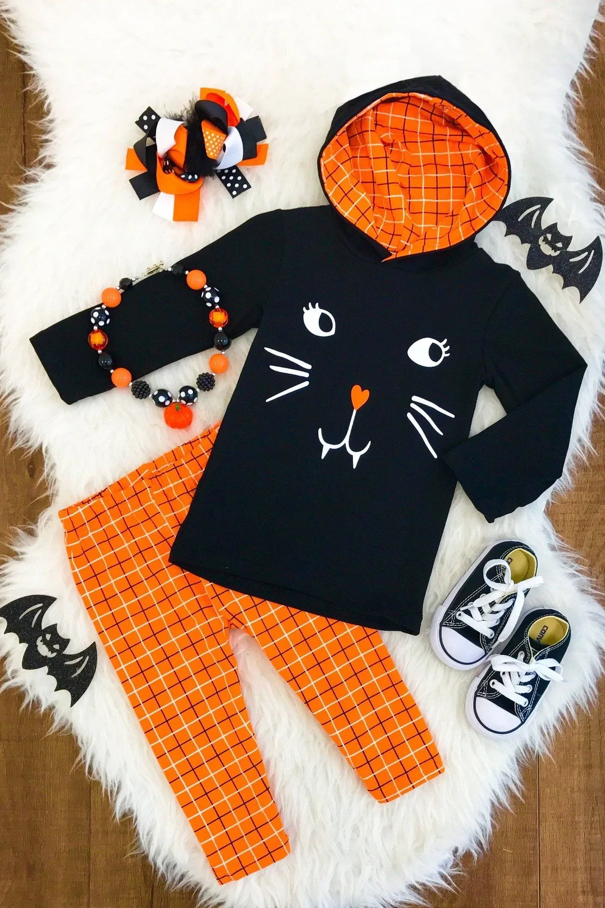 Black Cat Orange Plaid Hoodie Set