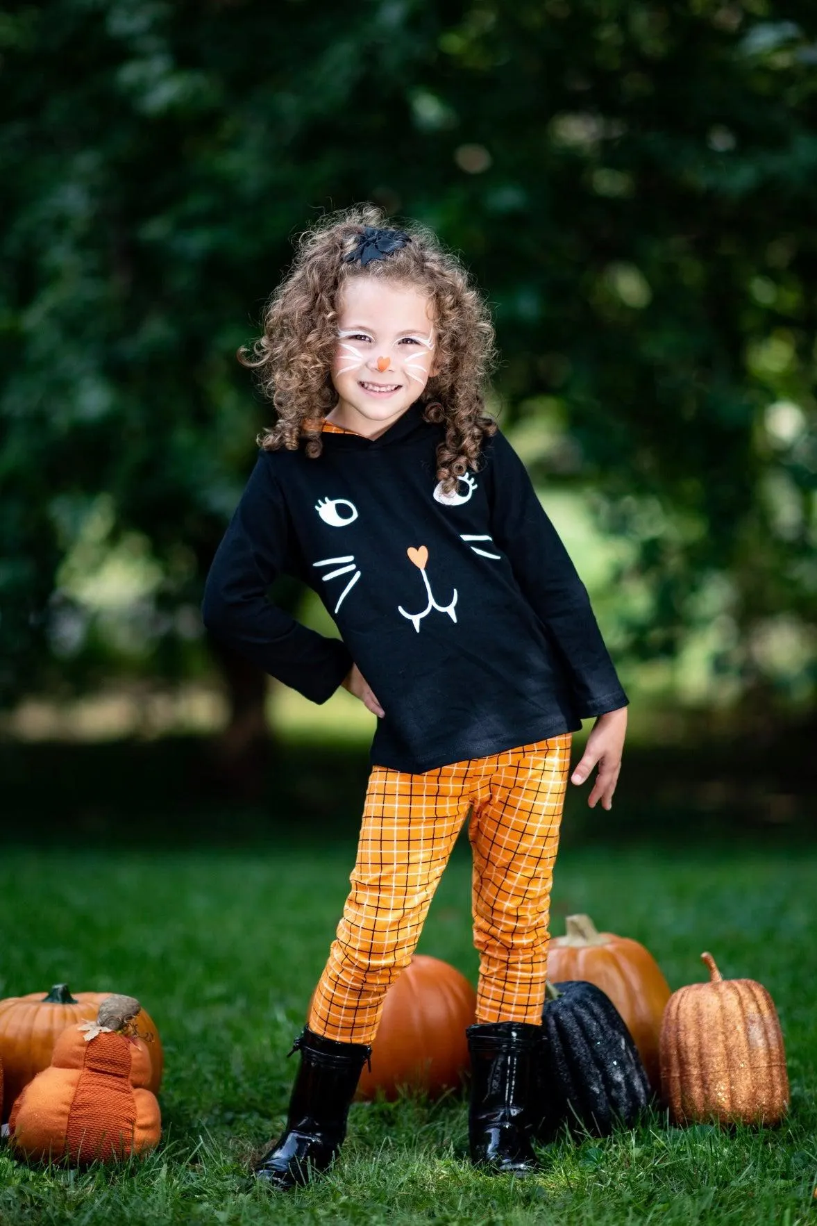 Black Cat Orange Plaid Hoodie Set