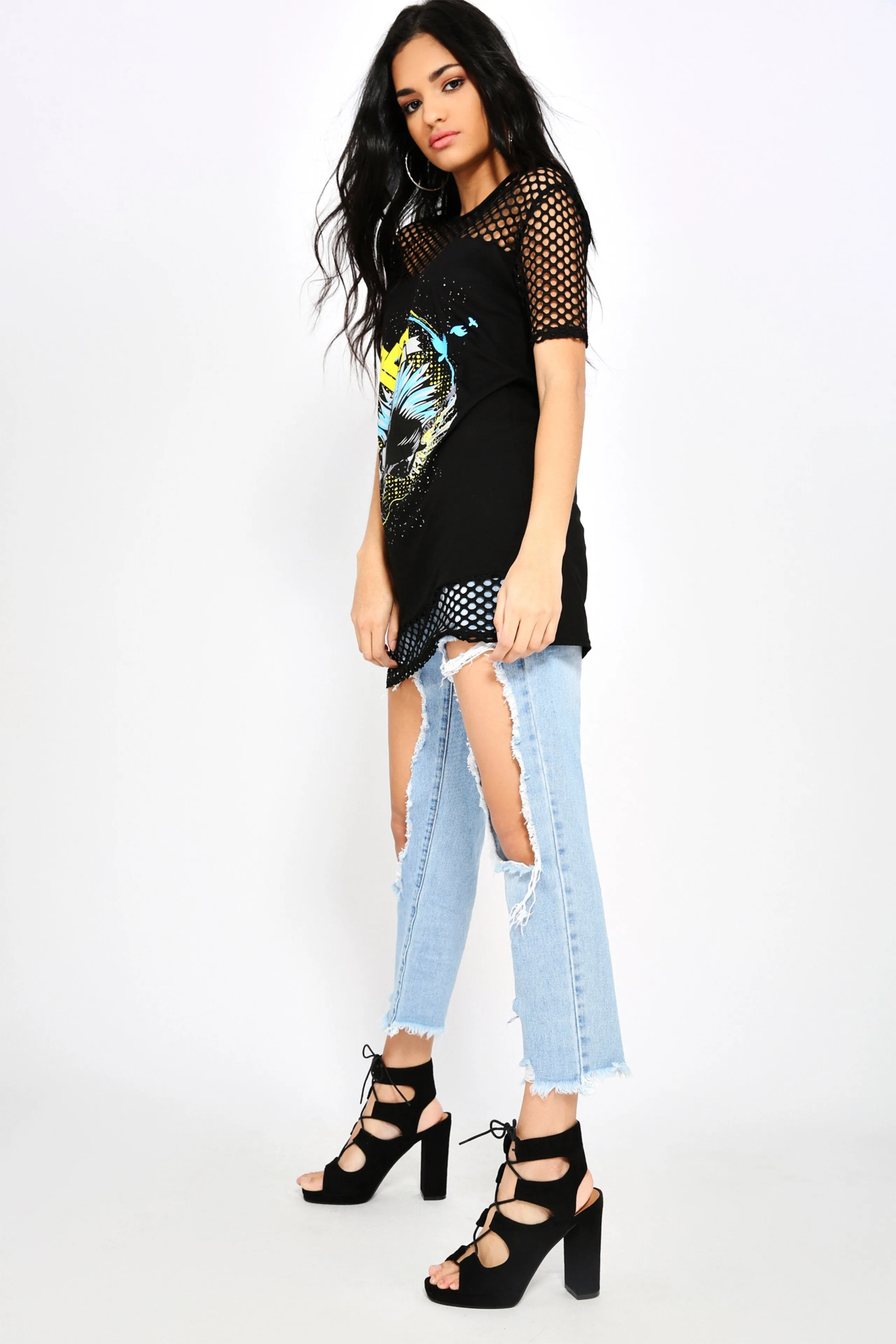 Black Printed Fishnet Dress