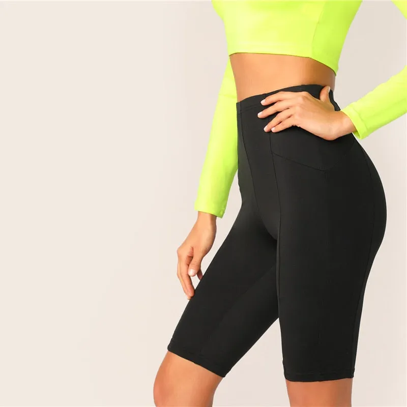 Black Solid High Waist Solid Cycling Athleisure Crop Fitness Short Summer Ladies Basics Workout Leggings