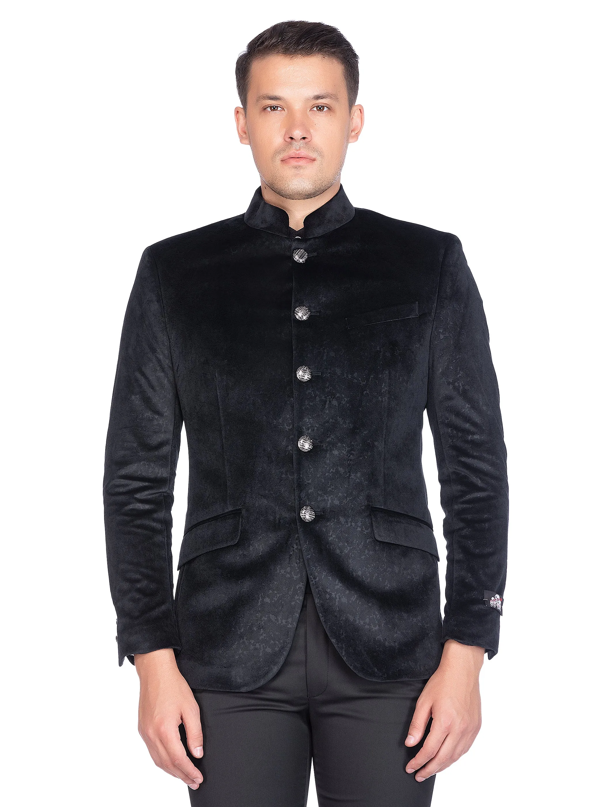 Black Velvet Self Design Bandhgala