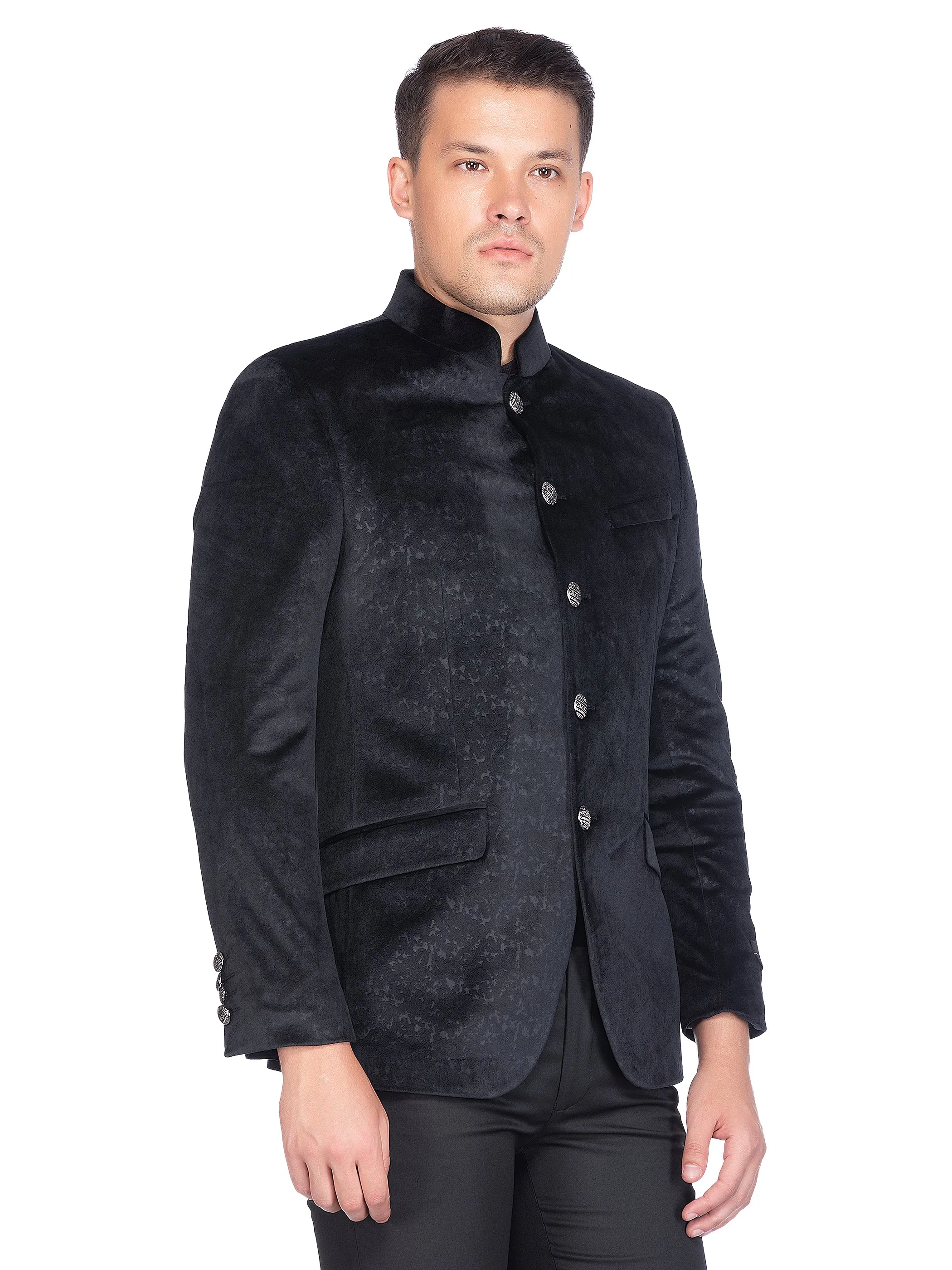 Black Velvet Self Design Bandhgala