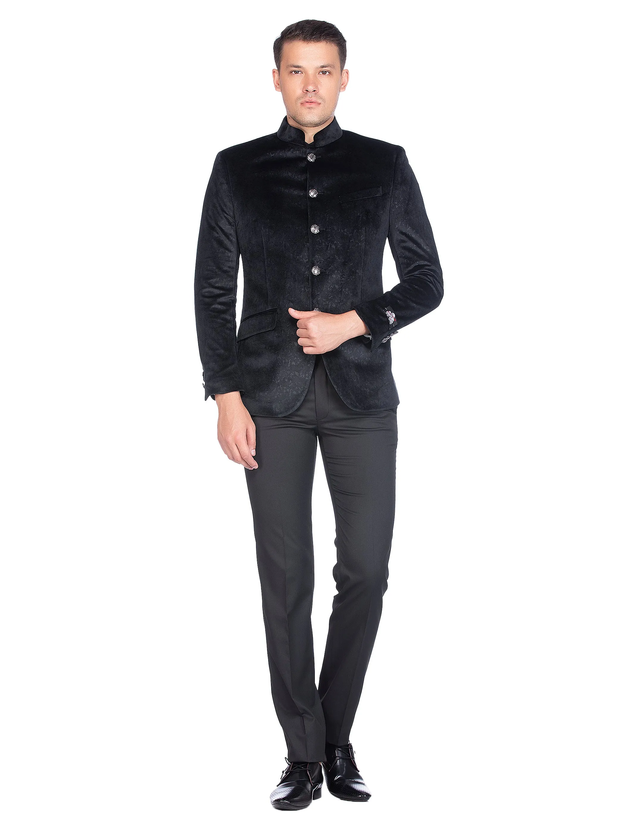 Black Velvet Self Design Bandhgala