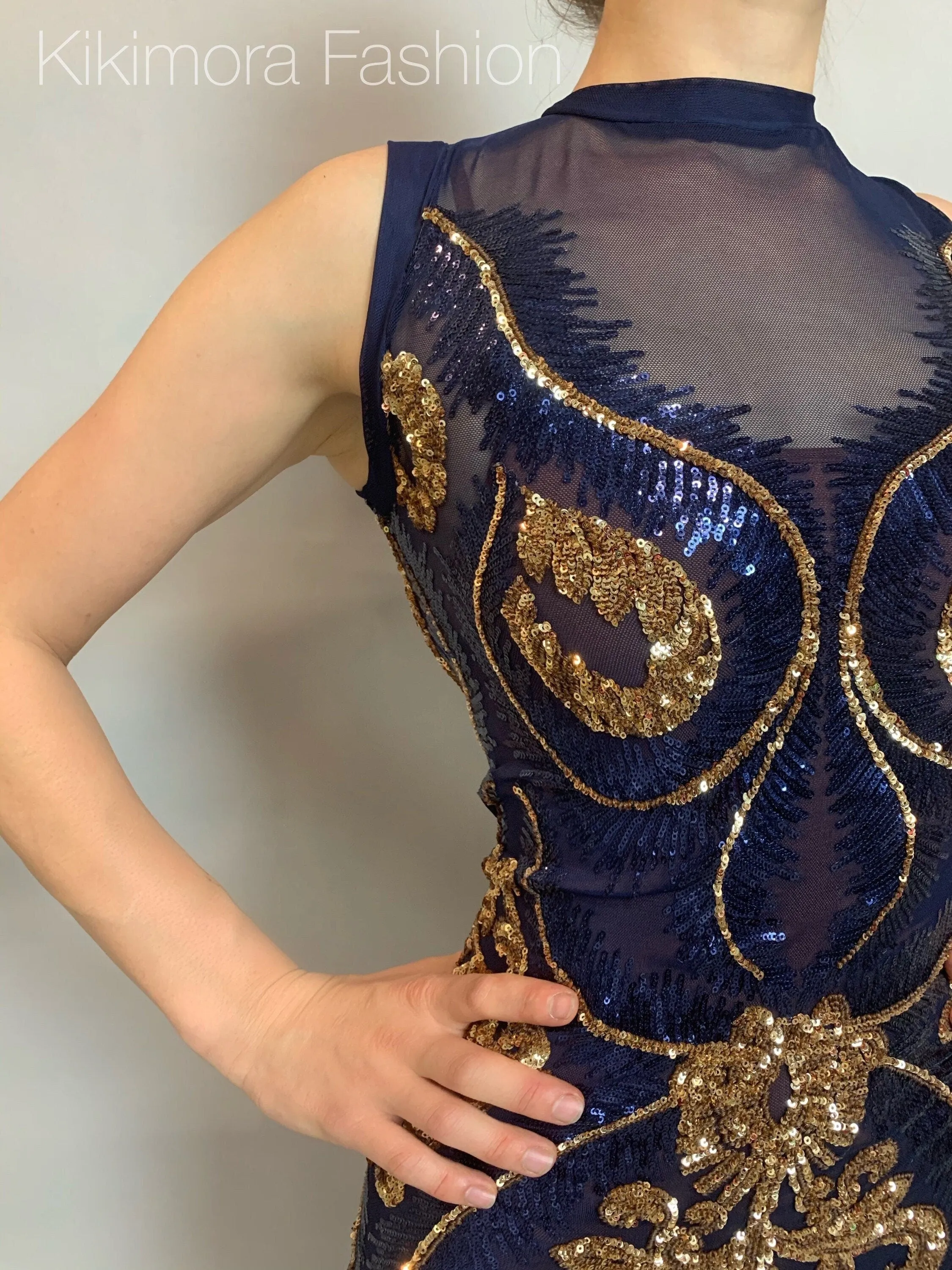 Blue And Gold Sequin Catsuit, Sleeveless, Mock Turtleneck