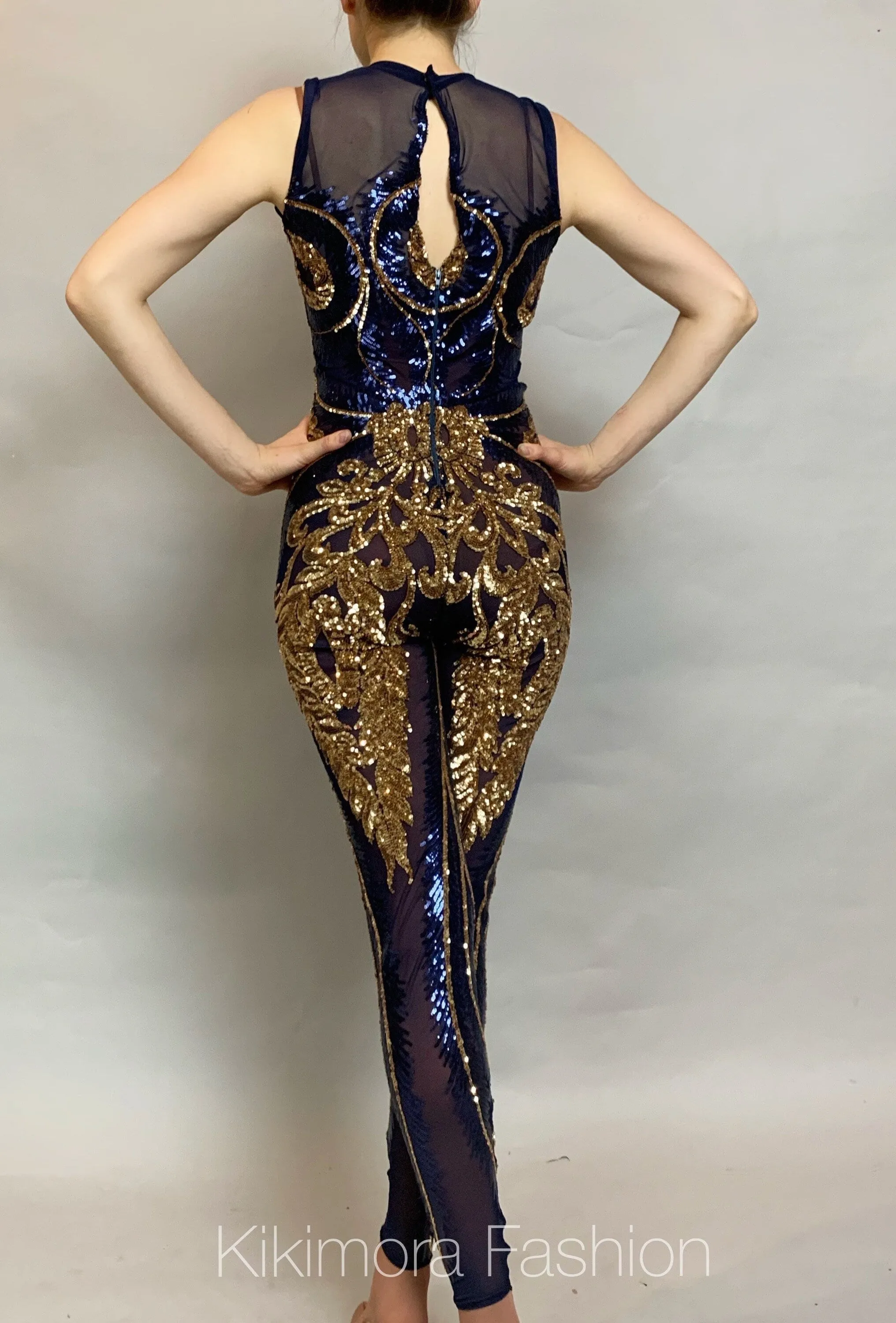 Blue And Gold Sequin Catsuit, Sleeveless, Mock Turtleneck