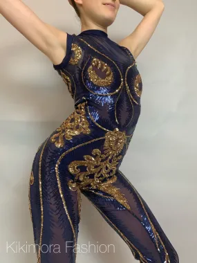 Blue And Gold Sequin Catsuit, Sleeveless, Mock Turtleneck