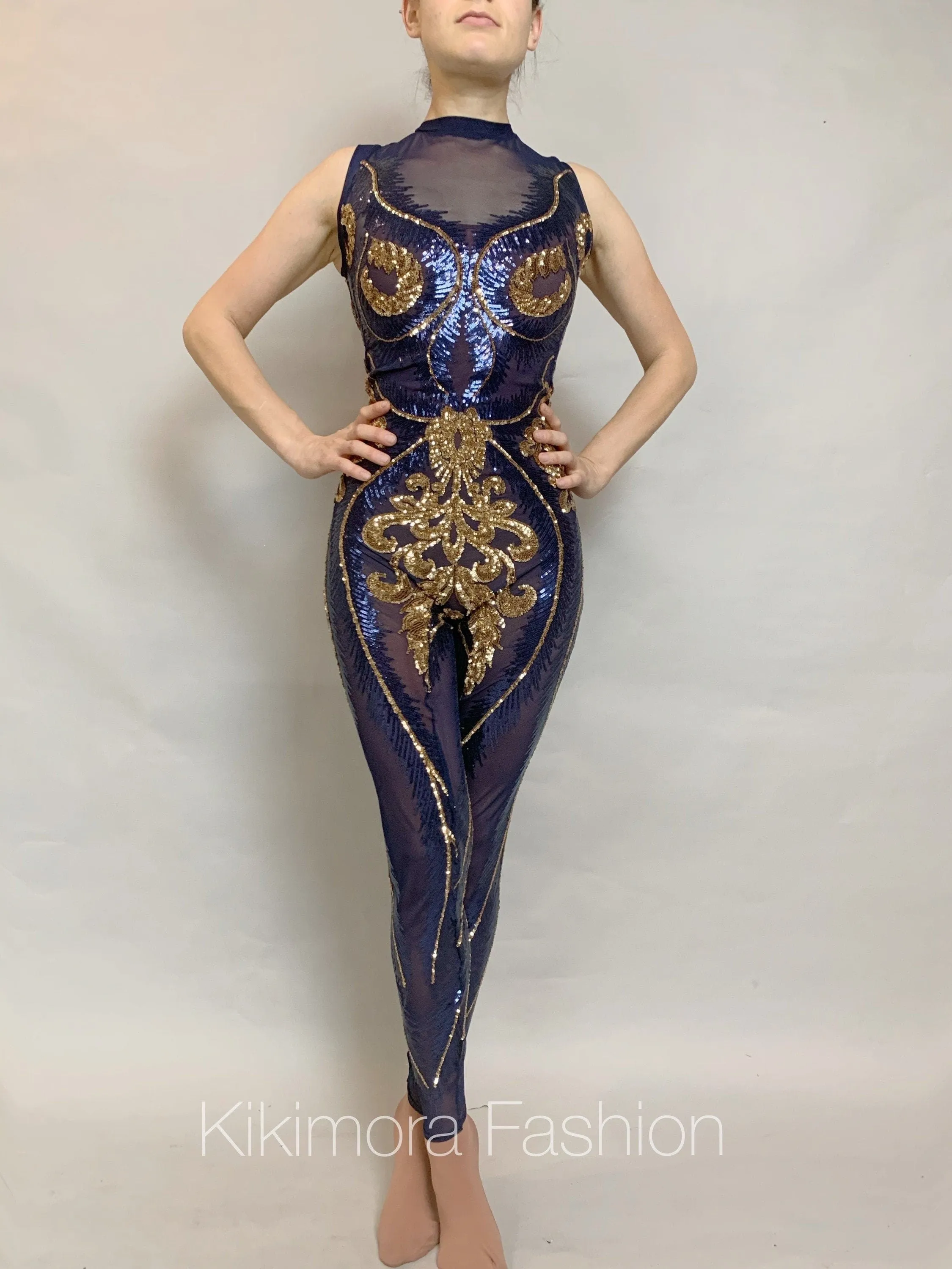 Blue And Gold Sequin Catsuit, Sleeveless, Mock Turtleneck